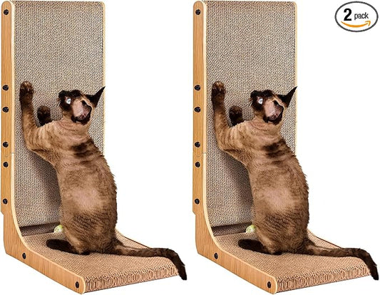 EHEYCIGA Cardboard Cat Scratcher for Indoor Cats, 26.8 Inch L Shaped Vertical Cat Scratching Board with Ball Cat Toy, Large Cat Scratcher Pad, Brown (Pack of 2)