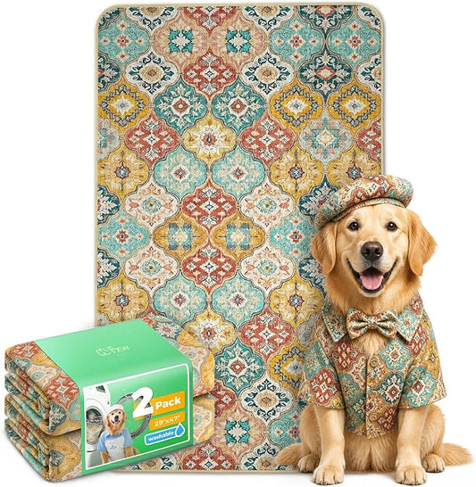 FXW Washable Pee Pads for Dogs, Puppy Pads with Super Absorbent, Specifically Designed for 48inch Cages, 29" x 47" Rectangle, Beige Gourd, 2 Packs