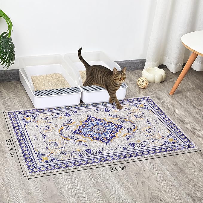 Glittme Cat Litter Mat with Non-Slip Bottom Litter Box Mat 33"X22" Litter Trapping Mat Easy to Clean Washable Cat Food Mat for Kitty,L