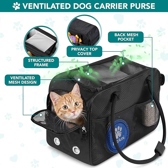 PetAmi Dog Purse Carrier for Small Dogs, Airline Approved Soft Sided Pet Carrier with Pockets, Ventilated Dog Carrying Bag for Puppy Cat, Dog Travel Supplies Bag, Sherpa Bed, Max 12 lbs, Black