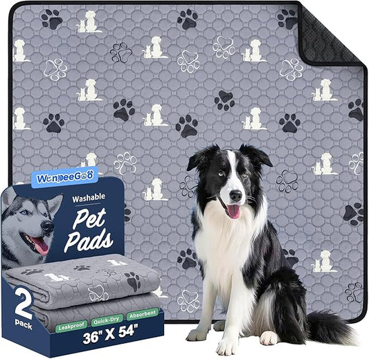 WanpeeGoo Washable Pee Pads, Puppy Pee Pad for Dogs, 2 Pack Absorbent Reusable Training Dog Pads Pet Puppy Pads, Non-Slip Potty Pads for Whelping, Playpen, Crate, Bed, Grey 36"x54"