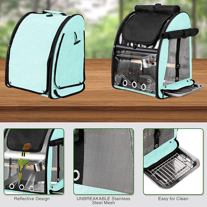 Bird Carrier Bag with Indestructible Stainless Steel Mesh, Bird Travel Cage with Stand, Easy to Clean Backpack for Parrot, Portable Bird Travel Bag, Green