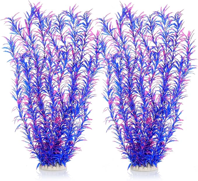 Aquarium Decor Plastic Plants Extra Large 21 Inches Artificial Plants | Tall Fish Tank Decorations, Purple 2pcs