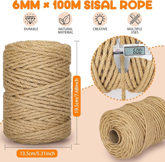 328FT/100M Cat Scratching Sisal Rope, 6mm 1/4 inch Thick Natural Jute Rope for Scratch Posts, Cat Trees, DIY Projects, Sisal Rope for Cat Scratcher with 2 Cat Mouse Toys (Natural, 328ft)