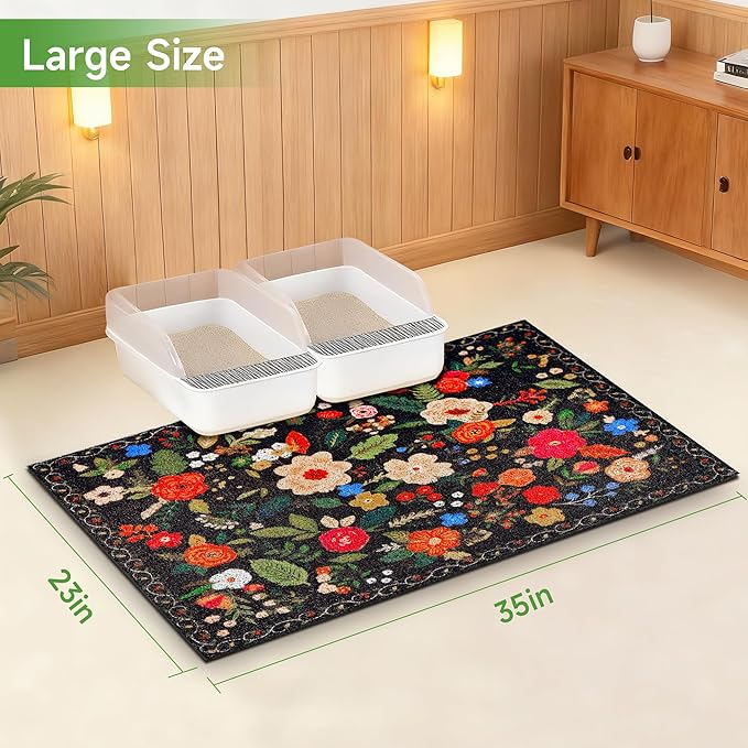 Cat Litter Mat, 35" x 23" Litter Box mat, Traps 100% Litter, Non-Slip Kitty Litter Trapping mats, Large Cute Litter mat, Easy Clean for Scatter Control, Bohe cat Food mat, Urine Waterproof