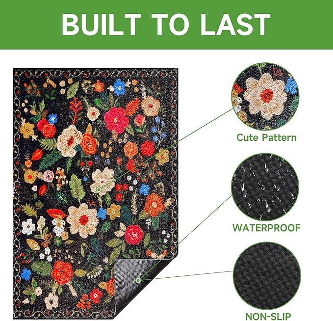 Cat Litter Mat, 35" x 23" Litter Box mat, Traps 100% Litter, Non-Slip Kitty Litter Trapping mats, Large Cute Litter mat, Easy Clean for Scatter Control, Bohe cat Food mat, Urine Waterproof