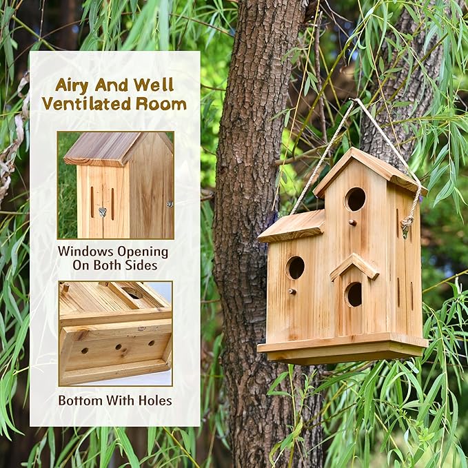 3-Chamber Wooden Bird House with Rope, Outdoor Bird Nesting Box with 3 Entry Holes, Multi-Level Shelter for Small Birds (Wood, 3 Chamber)