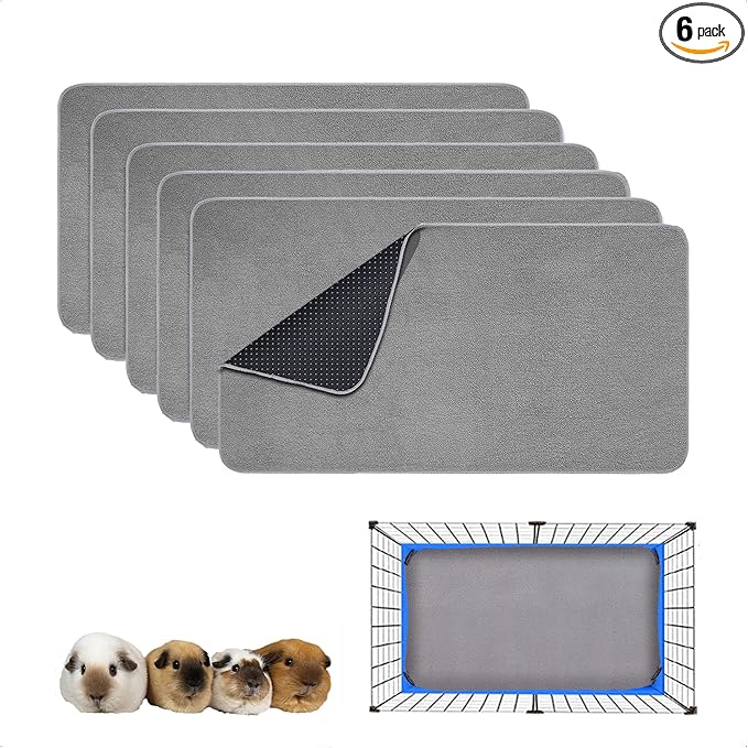 Guinea Pig Cage Liner, 6 Pack - Washable, Reusable, Leakproof Fleece Bedding Pads for Small Animals with Anti-Slip Bottom - for 15''x29'' Area, Gray