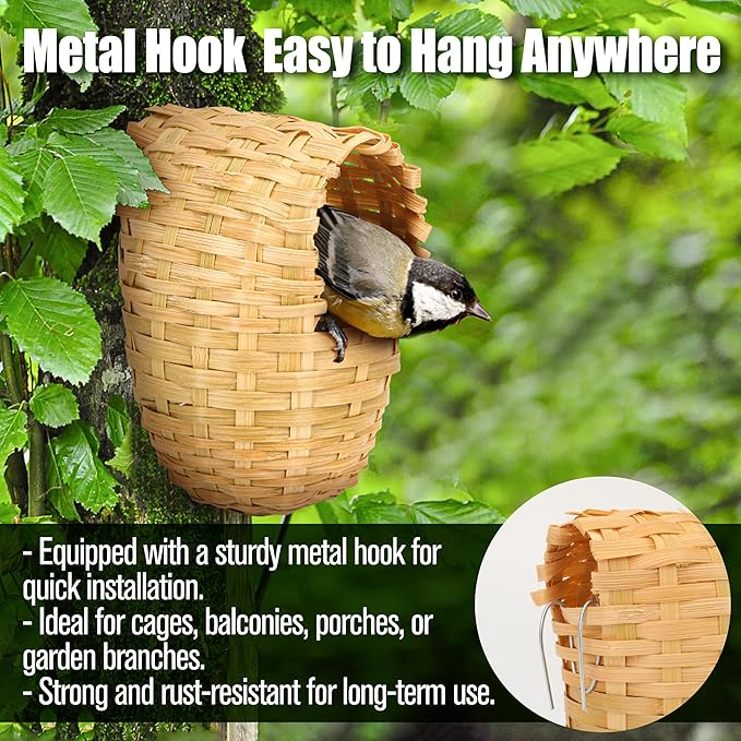 Finch Nests for Cages - Small Bird Nest with Metal Hook, Hand-Woven Box Natural Bamboo Cage Accessories, Hut Toy Hanging Shelter Warm Bird Houses, Handmade Hideout House, Outdoor Balcony Art Crafts