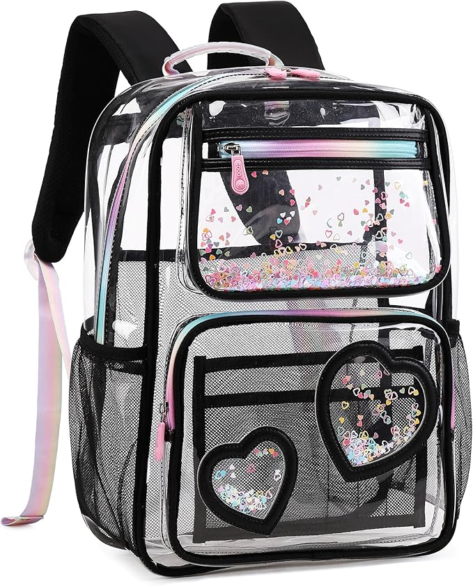 Clear Backpack for Girls,Clear Bookbag Heavy Duty Transparent Backpacks for Stadium Events, See Through Back Pack for Kindergarten Elementary Middle High School (Black)