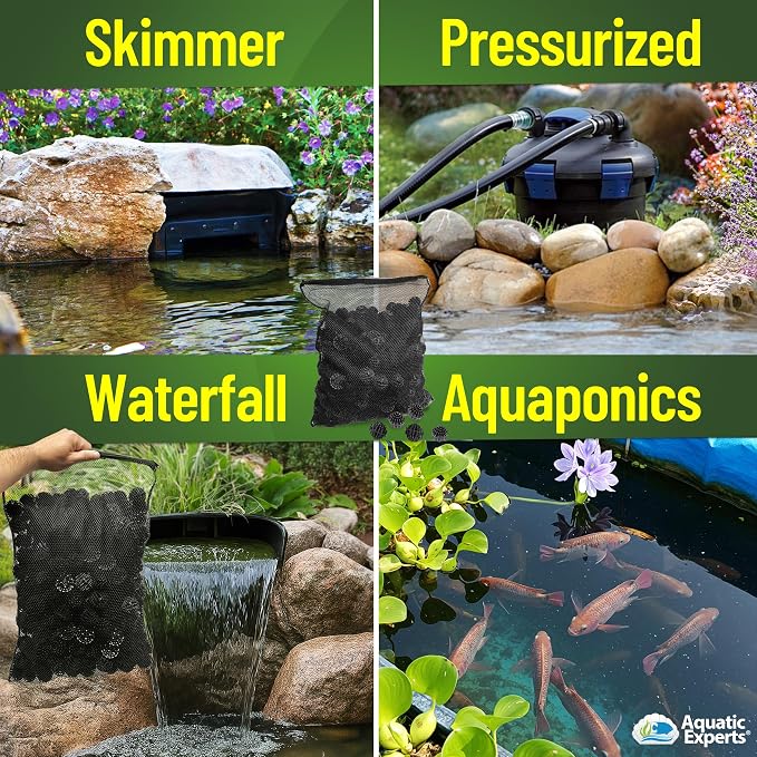 Aquatic Experts 1.5" Large Bio Balls for Ponds – Biological Filter Media for Waterfalls & Outdoor Pond Filters, Treats Up to 1,000 Gallons (300 Count + 14" x 20" Mesh Bag)