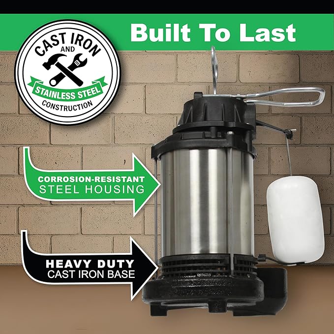 WAYNE CDU1000 1 HP Submersible Sump Pump – Cast Iron & Stainless Steel, Integrated Vertical Float Switch, 6,100 GPH, 5-Year Warranty, Assembled in USA
