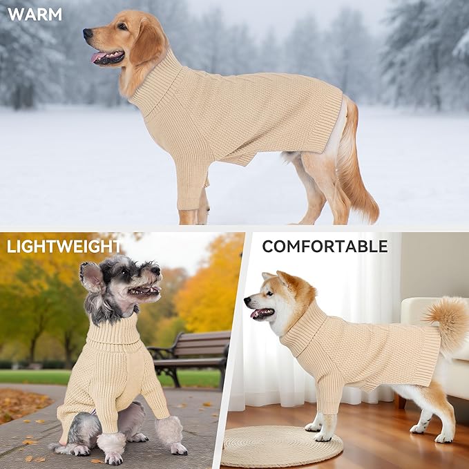 cyeollo Dog Sweater Knitwear with Long Sleeves Turtleneck Pullover Sweaters Fall Winter Dog Clothes Sweaters for Large Dogs, Beige XXXL