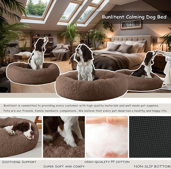 Bunlitent 30'' inch Calming Dog Bed, Plush Anti-Anxiety Donut Dog Bed for Small Medium Dogs, Warming Cozy Soft Cute Round Washable, Marshmallow Cuddler Nest Pet Bed, Brown