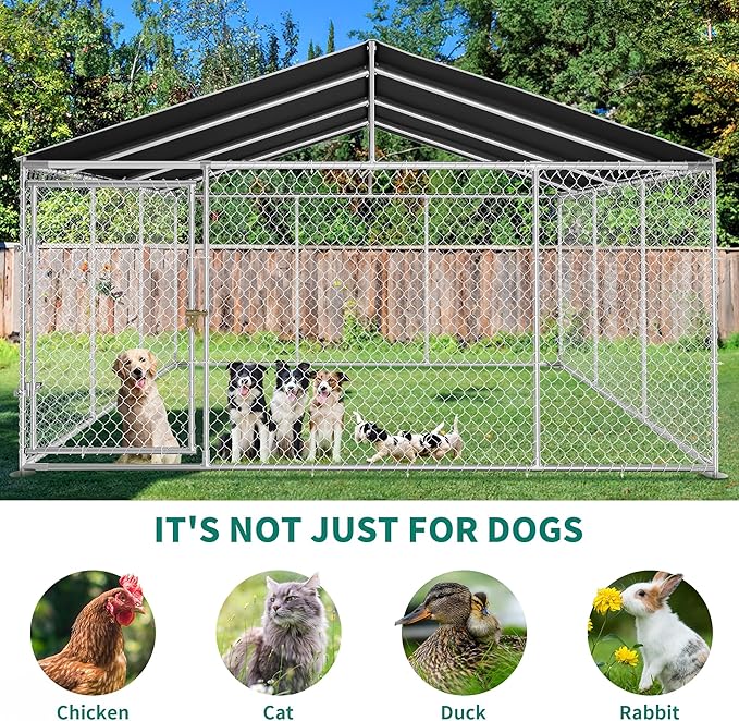 YITAHOME 14.8'x14.8' Large Outdoor Dog Enclosure with Metal Dog Gate, Dog Kennel Outside with Roof, Dog Fence Outdoor for Yard
