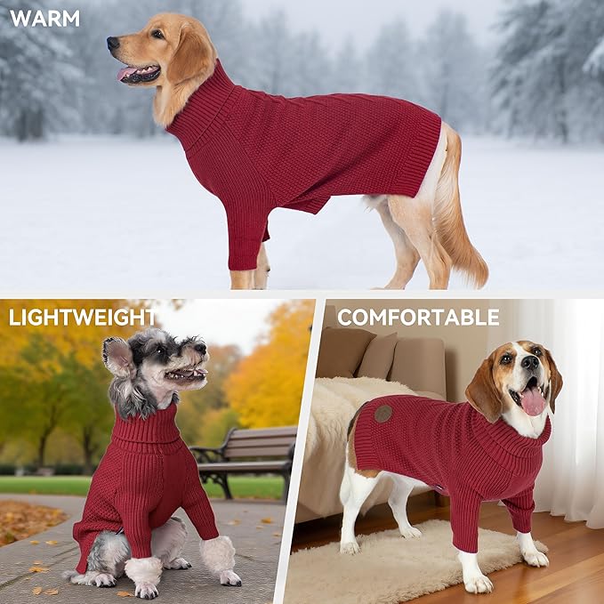 cyeollo Dog Christmas Sweater Knitwear with Long Sleeves Turtleneck Pullover Sweaters Fall Winter Dog Clothes Sweaters for Large Dogs, Burgundy XXXL
