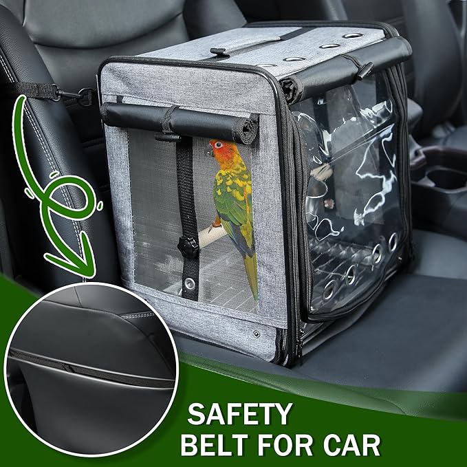 Bird Carrier with Seat Belt for Car Travel, Bird Backpack Carrier with Indestructible Stainless Steel Mesh, Large Bird Carrier Travel Cage, Grey