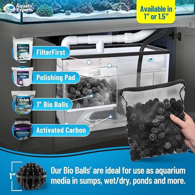 Aquatic Experts 1" Small Bio Balls for Aquariums & Small Ponds – Biological Filter Media for Canister Filters, Sumps & Wet/Dry Systems, Made in USA (250 Count + 10" x 12" Mesh Bag)