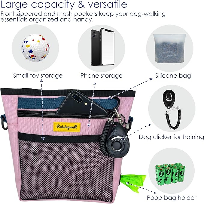 Raisingwell Dog Treat Pouch with Magnetic Closure 4-Cup Silicone Bag Fanny Pack Holder with Clicker 4 Ways to Wear Front Pocket Fits All Phones Ideal for Leash, Pet Walking and Training（Pink）