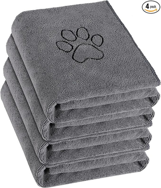 Chumia 4 Pack Dog Towels for Drying Large Microfiber Grooming Tools Absorbent Soft Bath Supplies with Embroidered Paw for Small Medium Pet Products(16 x 32 Inch,Gray)