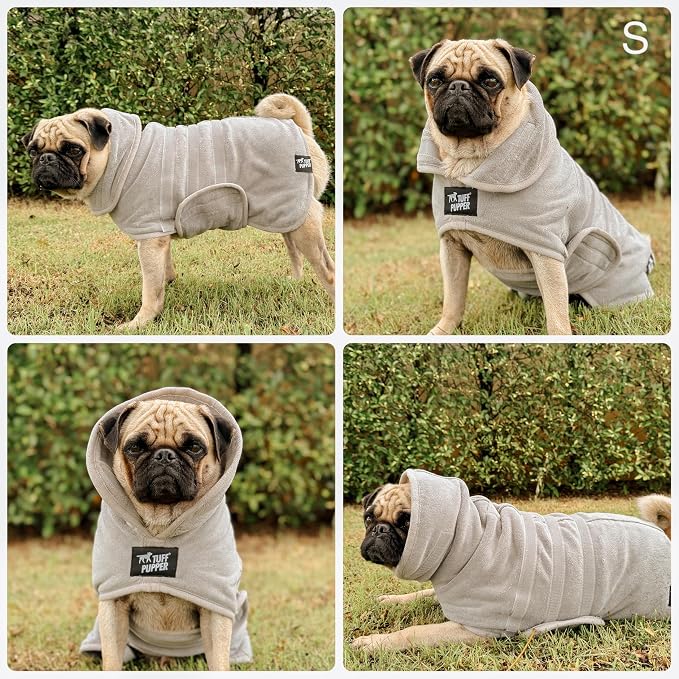 Tuff Pupper Fast Drying Dog Bath Robe | 800 GSM Plush Dog Towel Bathrobe/Dressing Gown | Super Absorbent Pet/Puppy Bathrobe | Adjustable Hood & Belly Strap | Super Soft | Fast Drying (S, Gray)