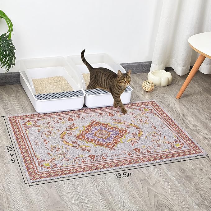 Glittme Cat Litter Mat with Non-Slip Bottom Litter Box Mat 33"X22" Litter Trapping Mat Easy to Clean Washable Cat Food Mat for Kitty,L