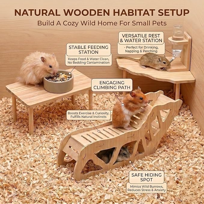 3-Piece Wooden Hamster Platform Set & Tunnel Hideout, Enrichment Natural Wood Hamster Cage Accessories, Climbing Toys & Hides for Syrian, Dwarf, Gerbil, Mice, Habitat Essentials & Decor