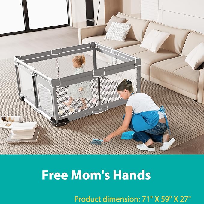 ICAREWAY Foldable Playpen for Babies and Toddlers, 71"x59" Inches Portable Playpen with Mat, Kids Collapsible Play Pen with 2 Handlers, Indoor & Outdoor Baby Play Area with Visible Mesh (Light Gray)