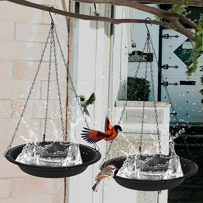 OVZILKI Bird Baths for Outdoors Heavy Duty, 16 inch BirdBath Bowl Only with Rust-Proof Black Chains, Hanging Bird Bath Hanging Bird-Feeder for Garden Backyard Decor (Black 1 Pack)