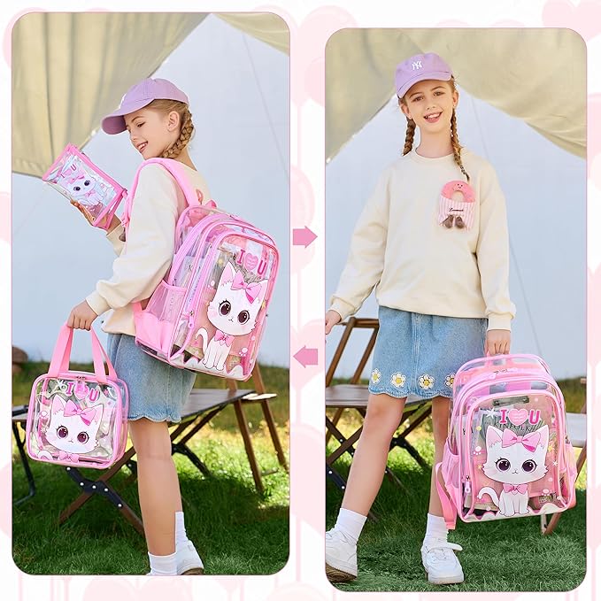 AO ALI VICTORY Clear Backpack for School,PVC Transparent Kids Bookbag for Girls Boys Cute Toddler Back Pack Kindergarten Elementary Schoolbag Stadium Approved See Through Backpacks,Pink Cat