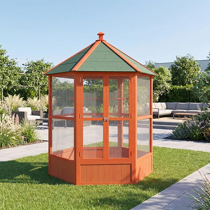 PawHut 69" Large Wooden Hexagonal Outdoor Aviary Flight Bird Cage with Covered Roof, Brown