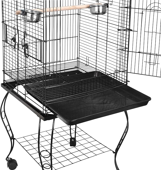 63.5" Rolling Bird Cage Open Top Large Iron Cage for Quaker Parrot Cockatiel Sun Parakeet Green-Cheek Conure with Rolling Stand & Storage Shelf