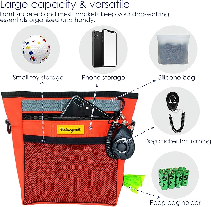 Raisingwell Dog Treat Pouch with Magnetic Closure 4-Cup Silicone Bag Fanny Pack Holder with Clicker 4 Ways to Wear Front Pocket Fits All Phones Ideal for Leash, Pet Walking and Training（Orange）