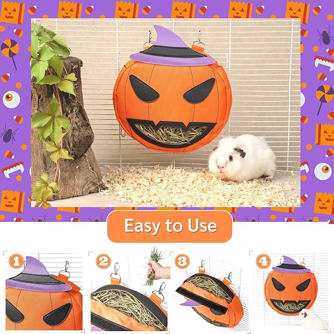 JanYoo Rabbit Hay Feeder Halloween Guinea Pig Accessories Hay Bag Hanging Rack for Small Animal Chinchilla(Pumpkin)