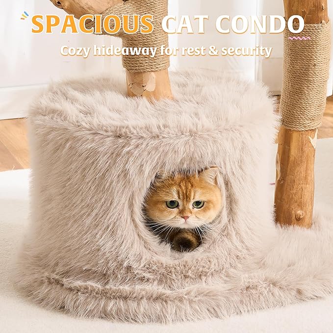 HITTITE Natural Wood Cat Tree Tower with Scratching Post, 40 Inches Tall Modern Cat Tower with Cozy Bed and Condo, Luxury Real Branch Cat Tree for Indoor Cats Large Adult, Khaki.