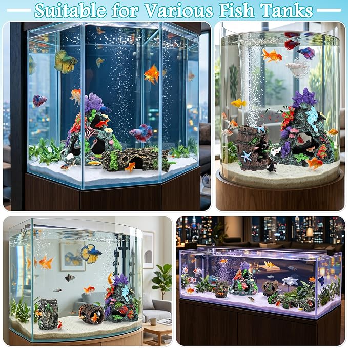 MyLifeUNIT Fish Tank Decor, 2 Pack Artificial Aquarium Coral Reef Rock Decorations for Betta, Goldfish to Breed, Play, Hide and Rest (Coral Reef Mountain+Starfish Wooden Barrel)