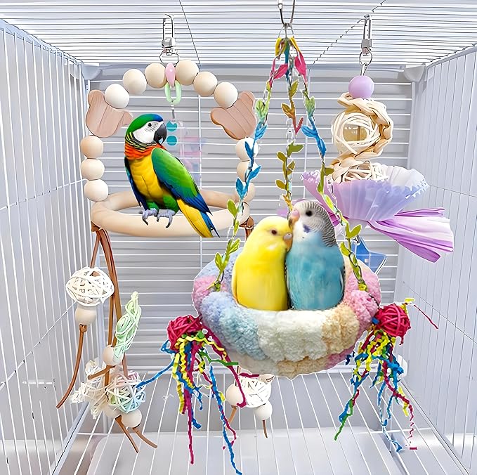 Bird Nest for Cage Bird Breeding Bed Cockatiel Snuggle Nest Parakeet Swing Bed Bird Hanging Hammock Parrot Sleeping Hut for Conure, Budgie, Lovebird, Finch, Small Pets-Pink, Large Size