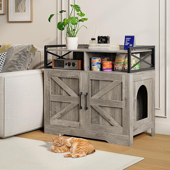 OtterOasis Cat Litter Box Enclosure, Ultra-Large Hidden Litter Box Furniture with Top Opening, Anti-Tipping Fence and 2 Open Drawers, Litter Box Cabinet End Table, Grey