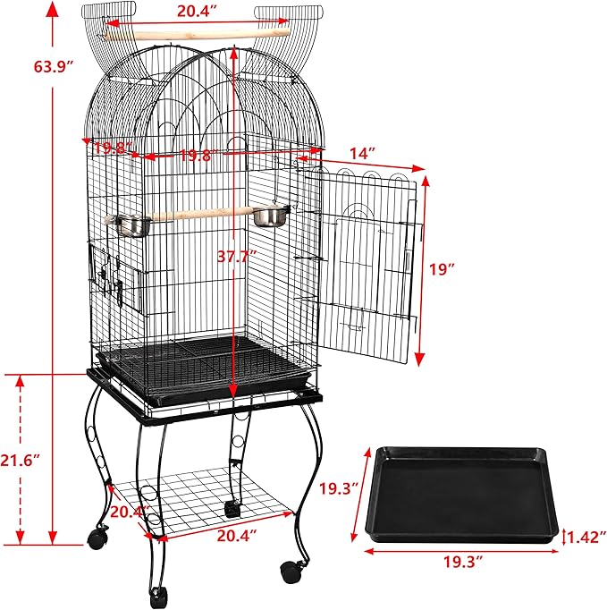 63.5" Rolling Bird Cage Open Top Large Iron Cage for Quaker Parrot Cockatiel Sun Parakeet Green-Cheek Conure with Rolling Stand & Storage Shelf