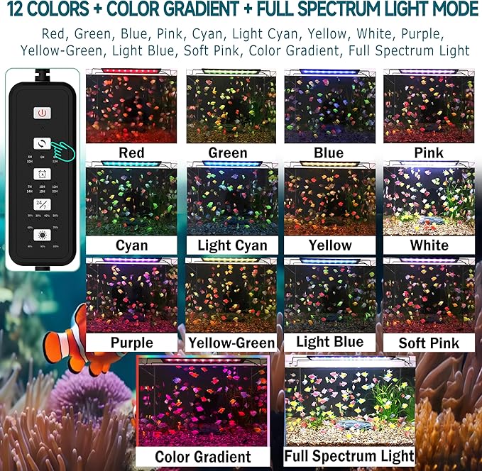 24/7 LED Aquarium Light with Remote for 24-30 Inch Plant & Fish Tank IP68, 12-Color & Gradient & Full Spectrum Light with Timer, Auto On/Off, Brightness, Extendable Brackets for Freshwater