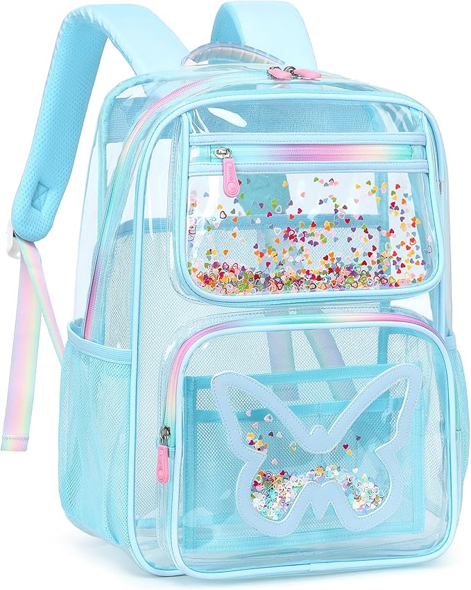 Clear Backpack for School,Large Bookbag Heavy Duty See Through Butterfly Backpacks for Girls Stadium Approved Daypack Transparent Shoulder Bags for Students,Teens,Women,Work,Travel,Concert Blue