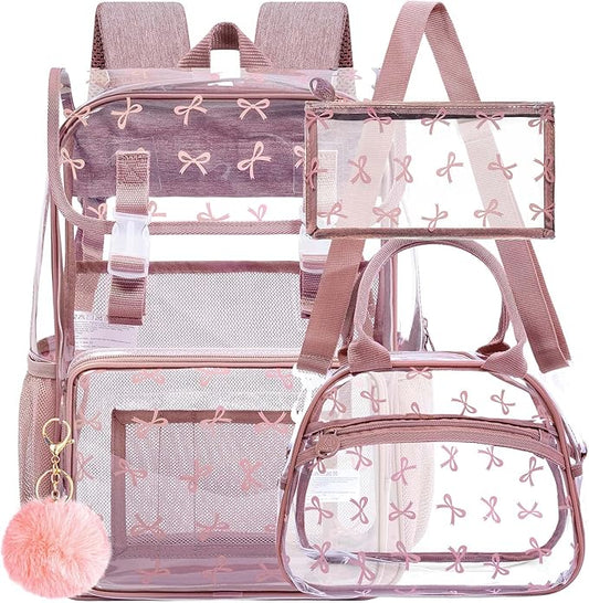 17" Bow Clear Backpack for Girls - 3Pcs Flip Design Stadium Approved Set, Campus/School Transparent Bookbag (Pink)