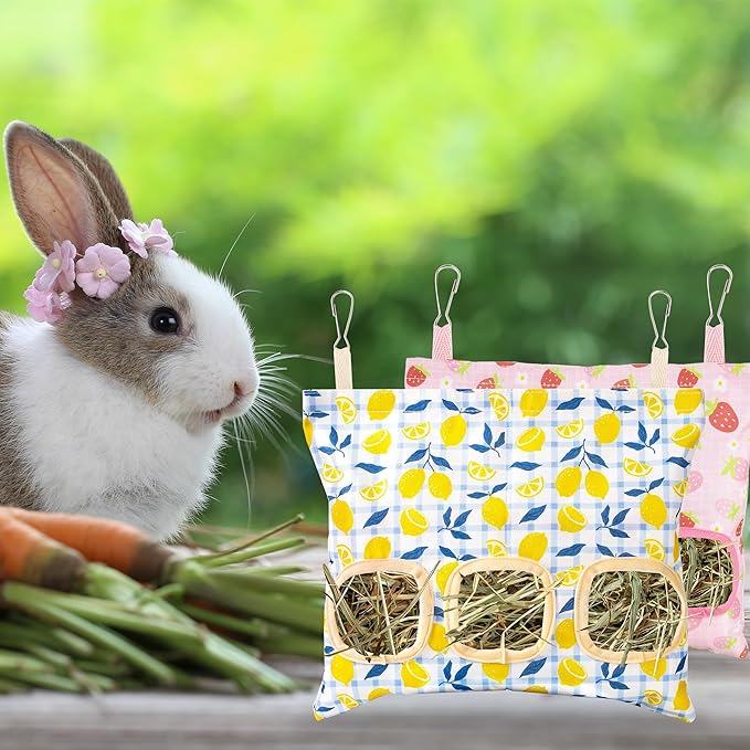 Lesnala 2pcs Bunny hay feeder Rabbit hay feeder bag Hanging guinea pig hay bag Large capacity cotton canvas fabric hay bag for Rabbits Bunny Chinchillas Hamsters and Other Small Pets(3 Holes,2 styles)
