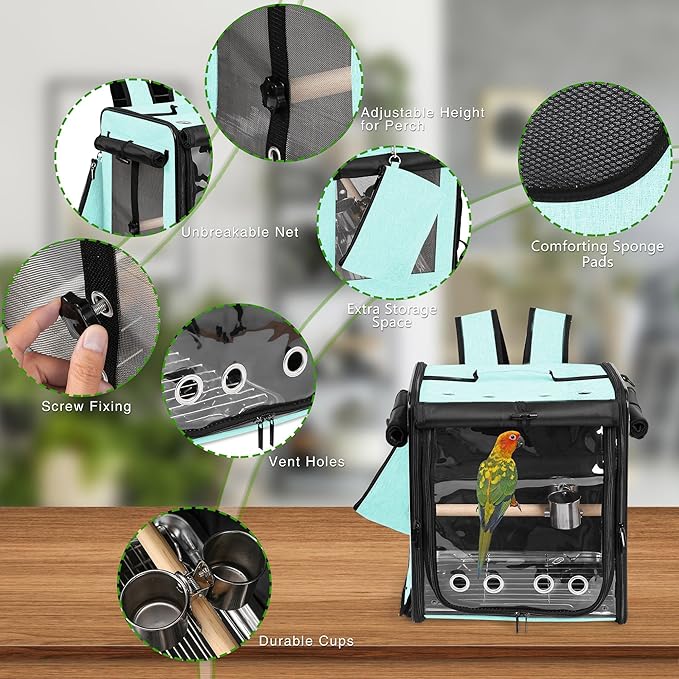 Bird Carrier with Seat Belt for Car Travel, Bird Backpack Carrier with Indestructible Stainless Steel Mesh, Large Bird Carrier Travel Cage, Green