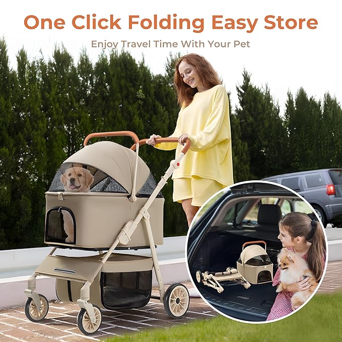 Dog Cat Stroller for Small & Medium Pets up to 55 lbs, Foldable Pet Stroller with Detachable Carrier, 4 Swivel Wheels, Adjustable Handle & Canopy