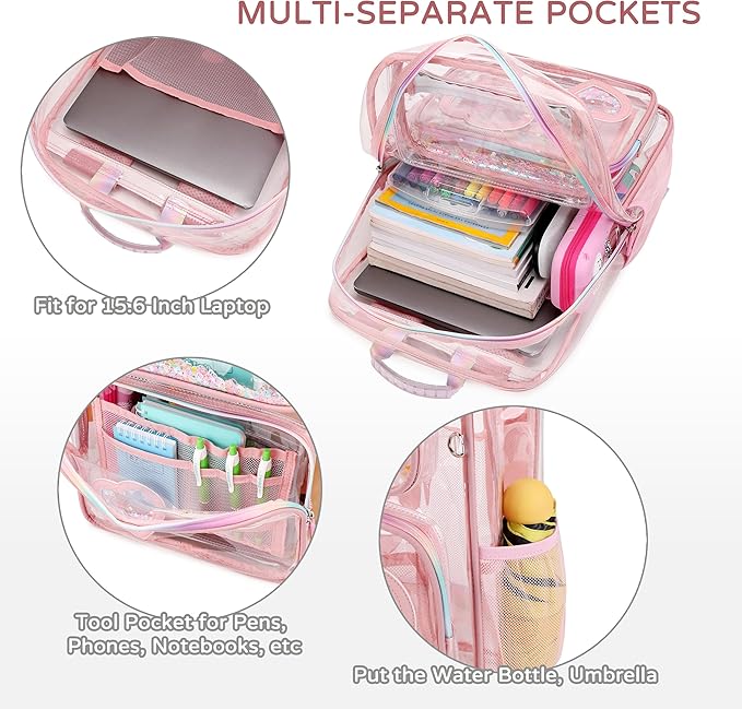 Clear Backpack for Girls,Clear Bookbag Heavy Duty Transparent Backpacks for Stadium Events, See Through Back Pack for Kindergarten Elementary Middle High School (Pink)