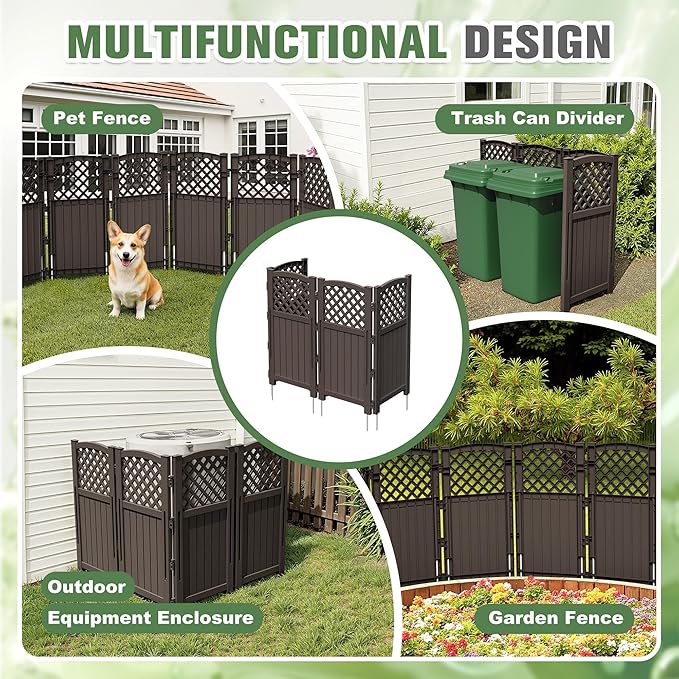 Greesum Air Conditioner Privacy Fence Screen, 4 Panels Trash Can Enclosure, 49.45" H x 22.62" W, Weather Resistant for Outdoor Pool Equipment, Garbage Bins, Brown