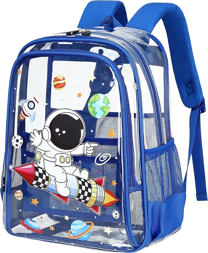 AO ALI VICTORY Clear Backpack for School,PVC Transparent Kids Bookbag for Girls Boys Cute Toddler Back Pack Kindergarten Elementary Schoolbag Stadium Approved See Through Backpacks,Blue Astronaut