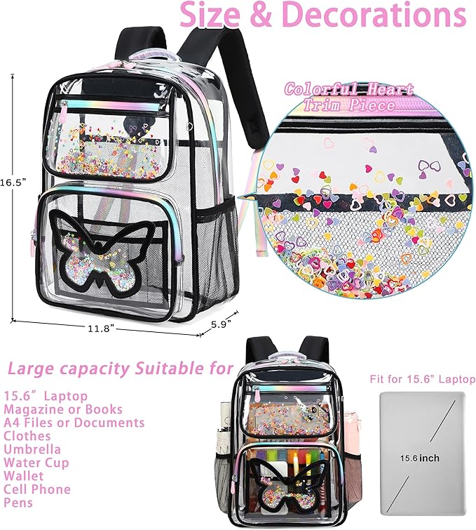 Clear Backpack for School,Large Bookbag Heavy Duty See Through Butterfly Backpacks for Girls Stadium Approved Daypack Transparent Shoulder Bags for Students,Teens,Women,Work,Travel,Concert Black
