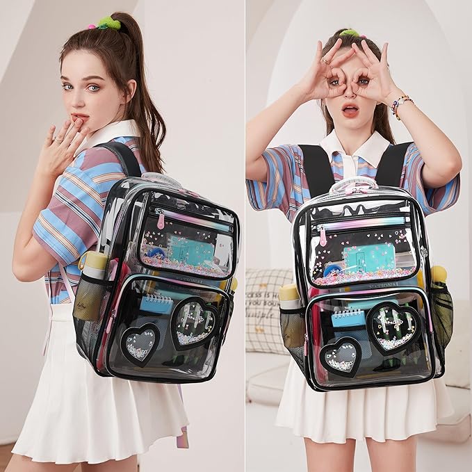 Clear Backpack for Girls,Clear Bookbag Heavy Duty Transparent Backpacks for Stadium Events, See Through Back Pack for Kindergarten Elementary Middle High School (Black)